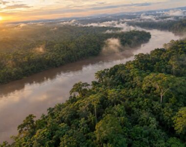 Canopée dense de forêt tropicale du Bassin du Congo au lever du jour, traversée par une rivière brune dans la brume