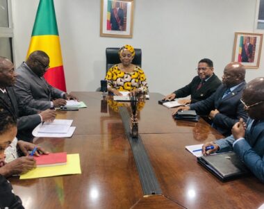 Réunion autour d'une table de conférence dans un bureau ministériel, drapeau du Congo et portraits officiels au mur